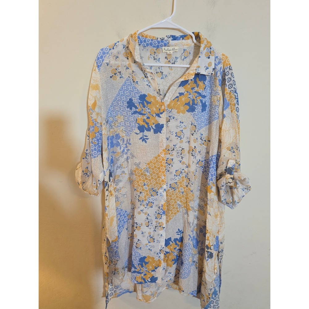 Indigo Rose Floral Patchwork Tunic Shirt Blue Yellow Roll Tab Sleeve 2X Boho